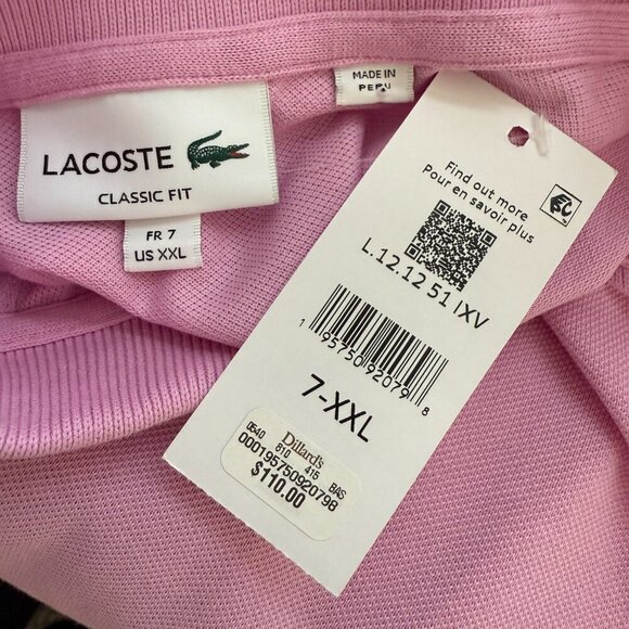 Lacoste Short Sleeve Polo Shirt Men's 7 XXL Pink Classic Fit Preppy Designer NWT - Picture 10 of 12
